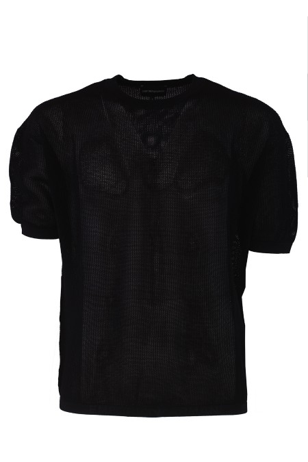 Shop EMPORIO ARMANI  T-shirt: Emporio Armani net stitch sweater with jacquard logo bottom.
Net point.
Micro-perforated texture.
Crew neck.
Short sleeves.
Plain mesh profiles.
Profiled bottom with jacquard logo.
Composition 100% Cotton.
Made in China.. 3D1MXR 1MQBZ-0999